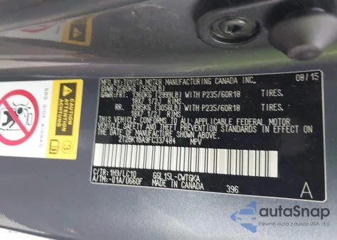 2015 Lexus Rx 350 z USA, uszkodzony, nr VIN 2T2BK1BA9FC337484